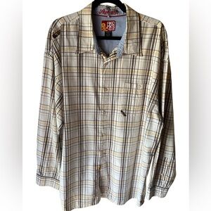 Akademiks men’s vintage long sleeve brown & white plaid shirt 3XL, 100% cotton